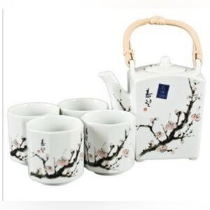 Japanese square Ume porcelain tea set featuring plum blossom designs.